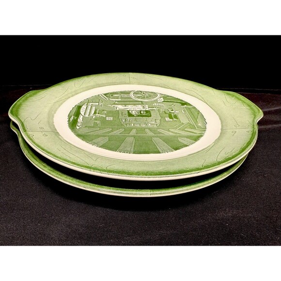 Set of 2 Vintage Colonial Homestead Royal Green Handled Plates platters 11 inch - Picture 2 of 12